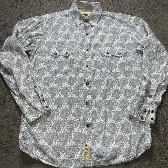 Larry Mahan Western Shirt Mens M White Paisley Snap Front Cowboy Pockets Logo - Picture 2 of 5